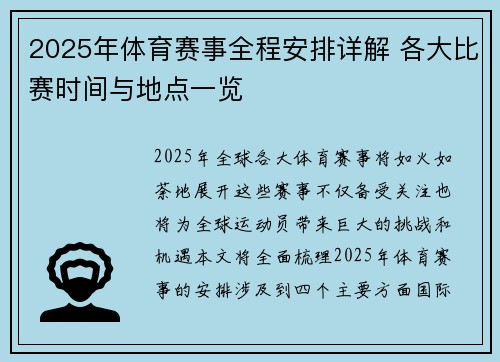 2025年体育赛事全程安排详解 各大比赛时间与地点一览